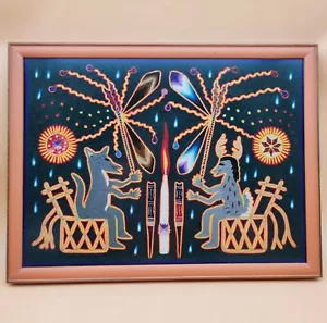Vintage Huichol Indianer Garn gerahmt Kunst zeremoniell spirituell 70er Jahre Tier - Bild 1 von 22