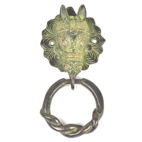 Antique Handmade Brass Horse Face Door Knocker Door Bell For Door Green Patina Cover
