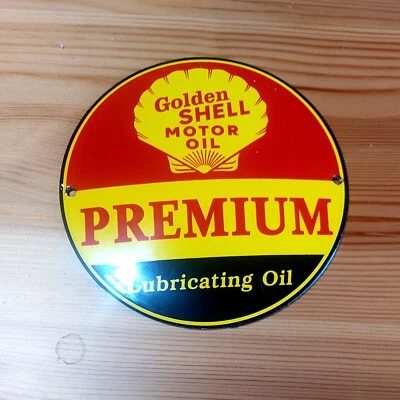 Golden SHELL PREMIUM MOTOR OIL Emailschild MAKELLOS Werkstatt Garage Schild 12cm - Bild 1 von 4
