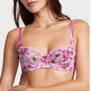 Sujetador Victoria Secret Push Up Ligeramente Forrado Rosa Floral Bordado Demi Nuevo con Etiquetas 32DD - Imagen 1 de 7