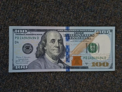 2017 $100 Bill Federal Reserve Note Fancy Repeating Serial Number 14949494 - Image 1 of 4