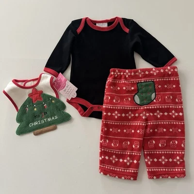 Bon Bebe 0-3 Months Baby Christmas Pants Bodysuit Bib Set Outfit Holiday Red - Image 1 of 4