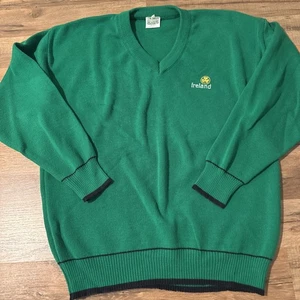 VTG 80s Made In Ireland Shamrock Embroidered V Neck Sweater L by Emerald Unisex - Picture 1 of 11