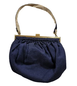 1930-40s Ladies Navy Blue Fabric Pleated Casual Handbag Brass Hardware Kisslock - Picture 1 of 23