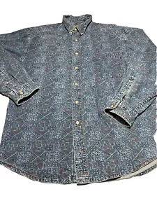 Camicia vintage Eddie Bauer abbottonata uomo XL azteca denim L/S camicia USA anni 90 - Foto 1 di 11