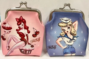 2 Pcs. Fluff Coin Purse Wallet Kiss-lock Retro Sailor Cherry Cupcake 3.50"x4.50" - Picture 1 of 4