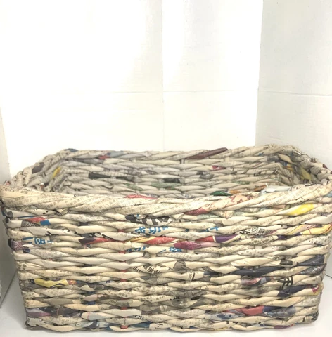 Vintage Basket Recycled Newspaper/Magazine Folded Coiled  Print Woven Folk Art Cover