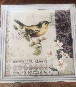 Framed Print NEW Bird & Florals FAMILY FOREVER 13" Square Distressed Postcard - Picture 1 of 6