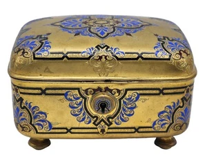 Antike französische Bronze/Blau & Schwarz Emaille Gold Schmuck Sarg mit Schlüssel - Bild 1 von 9