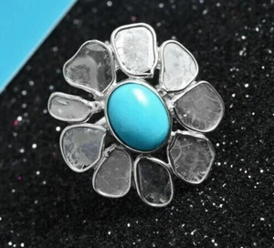 Natural Blue Turquoise Gemstone Ring 925 Silver Uncut Polki Ring Wedding Jewelry - Picture 1 of 6