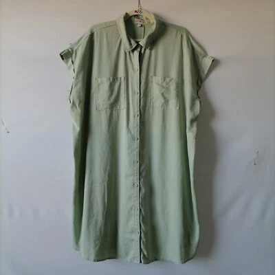 Wanderly Womens Mint Green Cap Sleeve Patch Pocket Button Up Shirt Dress Size 2X - Image 1 of 4