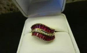 Natural Red Ruby 2Ct Baguette Cut Engagement Cluster Ring 14K Yellow Gold Plated - Picture 1 of 6