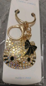 Kitty Bag Charm Keychain Hello Rhinestone Keyring Bling Sparkly Black Gold Tone  - Picture 1 of 8