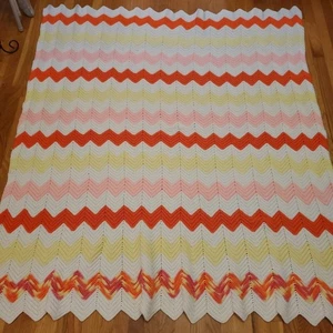 Hand Crochet Afghan Blanket Pink White Orange Yellow Chevron ZigZag Retro 68x58 - Picture 1 of 5