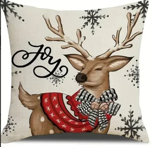1 pc Red/White Reindeer Pillow Cover 18in #Winter #Joy #HighQualityLinenBlend - Picture 1 of 6