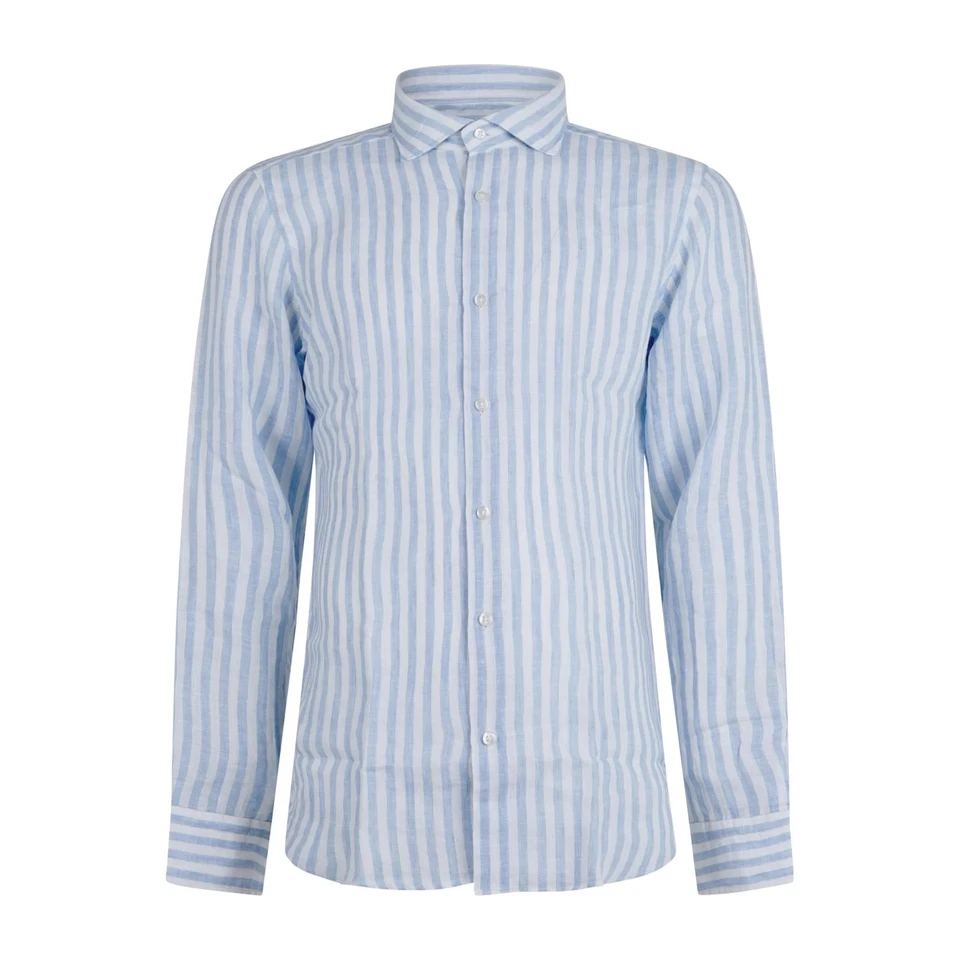 Lavorazione Sartoriale - Camicia bianca a righe celesti in lino slim fit per uom - Immagine 1 di 1