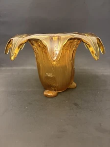 Vintage Sowerby Art Deco Frog And Bullrush Amber Vase & Flower Frog complete - Picture 1 of 12