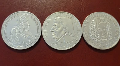 3× 5 DM - Gedenkmünzen Markgraf/ Fichte vz-stgl; Leibniz PP - Bild 1 von 4