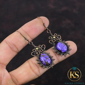 Gancho Gota Madre Envuelto Alambre Charoite Cobre Natural Ovalado Nuevos Pendientes Cobre - Imagen 1 de 6