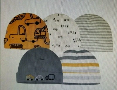 Gerber Baby Boy's 5 Pack Caps Size 0-6 Months Adorable Construction, Stripes NEW - Image 1 of 4