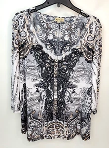 One World Womens Black Gray SZ 3X Tunic Top Crochet Button Flutter 3/4 Sleeve - Picture 1 of 11