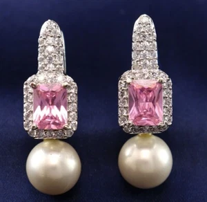 Elegantes pendientes de aro de piedra rectangular de circonita cúbica con acento de perlas brillantes para mujer - Imagen 1 de 45