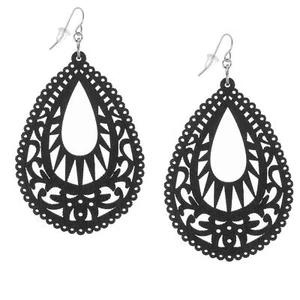 Large Black Wood Teardrop vintage Boho Statement Earrings, Platinum Ear Wires - Picture 1 of 5