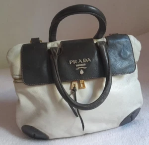 PRADA vintage rare piece, leather shoulder bag Brown White, flapped, authentic - Picture 1 of 24