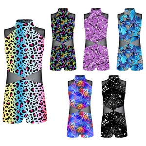Kids Girls One-piece Jumpsuit Stretchy Bodysuit Print Leotard Mock Neck Yoga - Picture 1 of 78