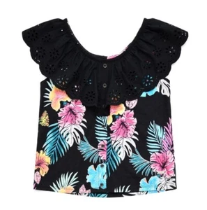 NWT Plus Sz 16 18 JUSTICE Girl's Top Ruffle Neckline Tropical Floral Tank Black - Picture 1 of 4