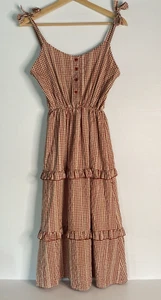 Valleygirl Dress Women 10 Maroon White Gingham Strappy Tiered Midi Cottagecore - Picture 1 of 22