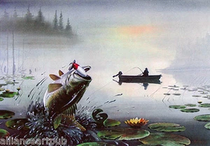 Bass at Daybreak + Free Bass A.M. 2 Great Bass Fishing Prints S/N By Les Kouba - Picture 1 of 2