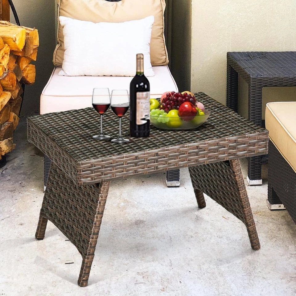 Patio Folding Wicker Side Coffee Table Poolside Garden Lawn Bistro Furniture