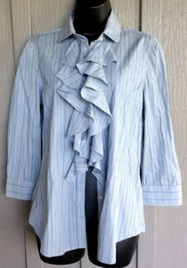 Ralph Lauren Blue Pin Striped RUFFLE SHIRT BLOUSE Medium 3/4 Length Sleeves NWT - Picture 1 of 5