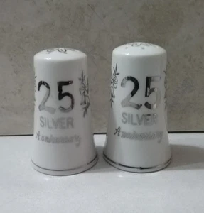 Vintage Salt & Pepper Shakers Porcelain Silver Anniversary 25 th - Picture 1 of 3