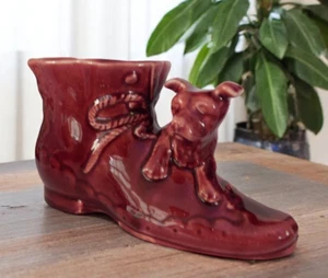 Vintage Shawnee Pottery Maroon Burgandy Red Terrier Bull Dog On Shoe Planter USA - Picture 1 of 17