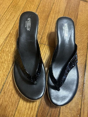 Sandalias Seychelles Santorini para mujer talla 10M negras sin cordones cuña de corcho Foto 1 de 4