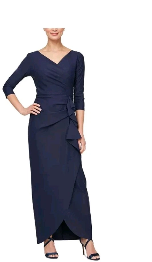 Vestido Alex Evenings Compresión Sobrepelliz Drapeado Manga 3/4 Talla 10 Azul Noche Foto 1 de 4