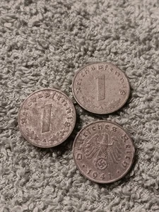 3 Damaged World War 2 1 Reichspfennig ,Germany , See Photos!! - Picture 1 of 22