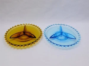 2 Vintage Josef Inwald Czech Boule Blue Amber Glass Divided Relish Dishes 7.5" - Picture 1 of 11