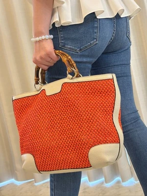 Bolso de Mano GUCCI Bambú Paja Malla Beige Cuero Asas Cartera de Verano Foto 1 de 4