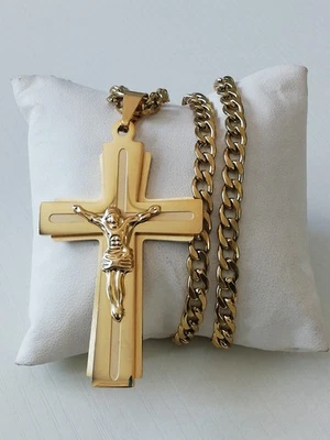 Titanium Jesus Cross Stainless Steel Gold Tone Pendant And Chain New.  - Image 1 of 4