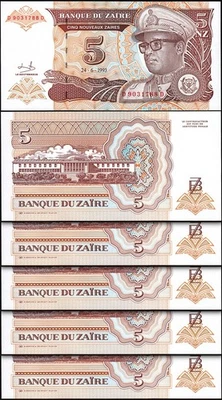 Zaire 5 Nouveaux Zaires 1993, UNC, 5 Pcs LOT, Consecutive, P-53a, Large - Image 1 of 4
