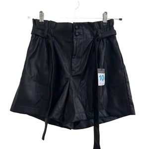 Primark Black Faux Leather Paperbag Waist Shorts UK 10 Belted High Waisted - Picture 1 of 5