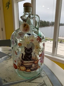 Large Glass Jug 13”x7” Cat And Flowers  - Picture 1 of 4