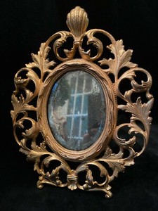 Antique Gold Gilt Cast Iron Rococo Oval Tabletop Beveled Mirror Frame 