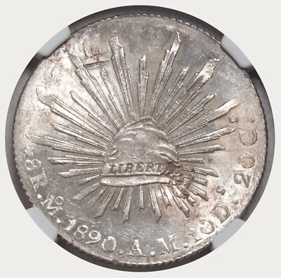 1890, Mexico (2nd Republic). Silver 8 Reales Coin w. Chinese Chopmarks! NGC UNC+ - Image 1 of 4