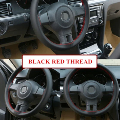 DIY Genuine Leather Car Steering Wheel Cover Needle Thread Anti-slip Black 15"US - Image 1 of 4