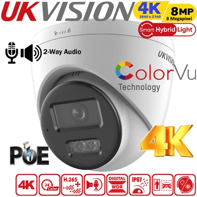 HIKVISION OEM 8MP 4K PoE IP Security ColorVu Camera 2-Way Audio IR Night Vision - Image 1 of 4