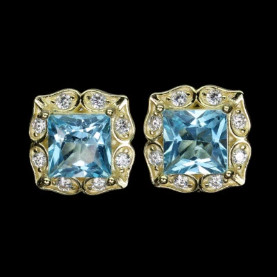925 Sterling Silver Square Swiss Blue Topaz 6mm Simulated Cz Earrings - Image 1 of 4